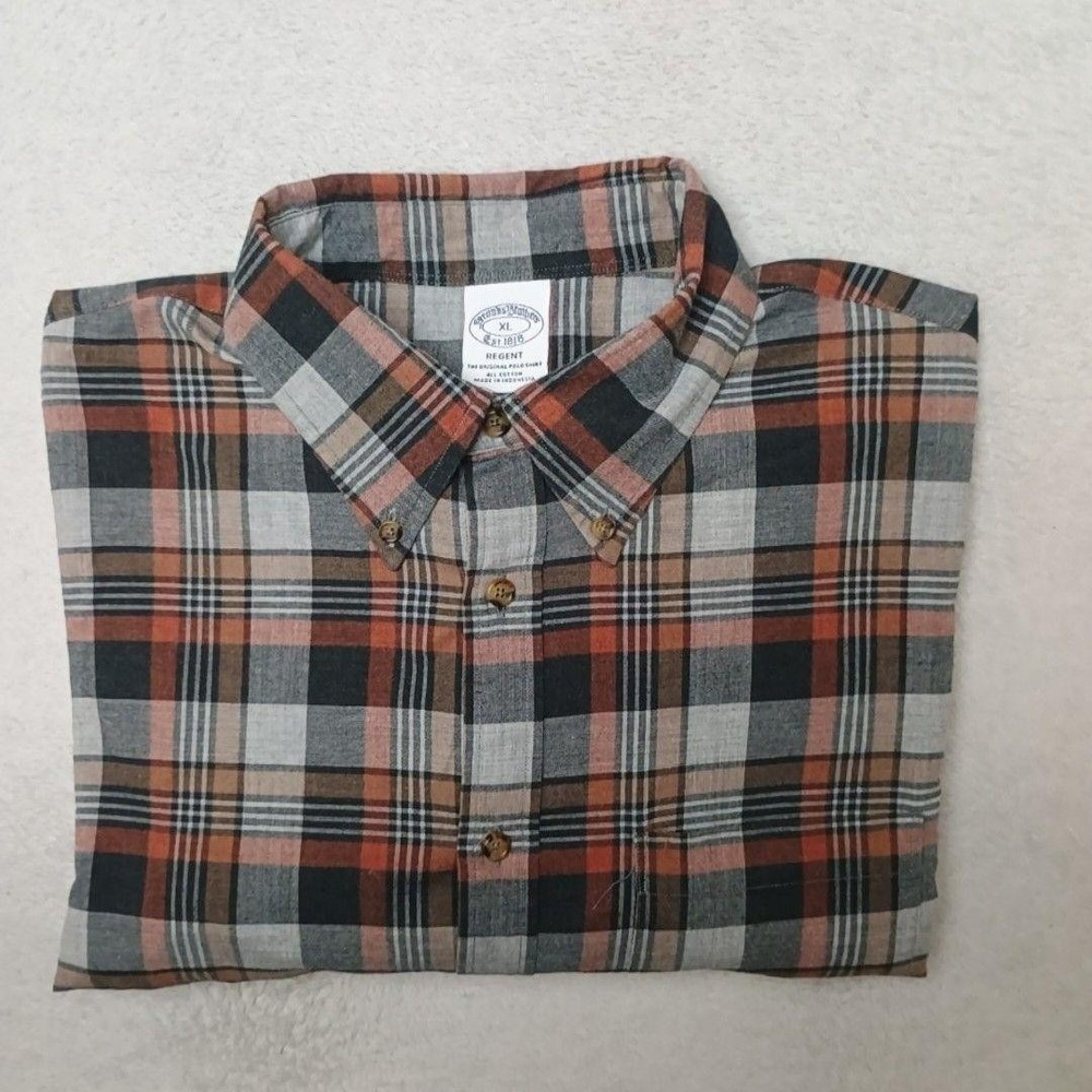 Brooks Brothers Shirt Mens XL Orange Plaid Button-Up Regent Lightweight Cotton